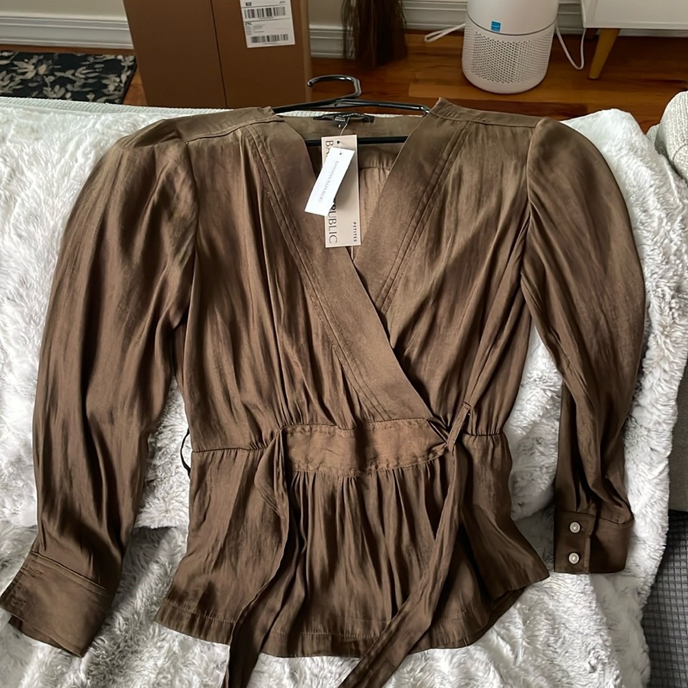 Ann Taylor Brown Wrap Blouse - Satin Peplum Tie Waist